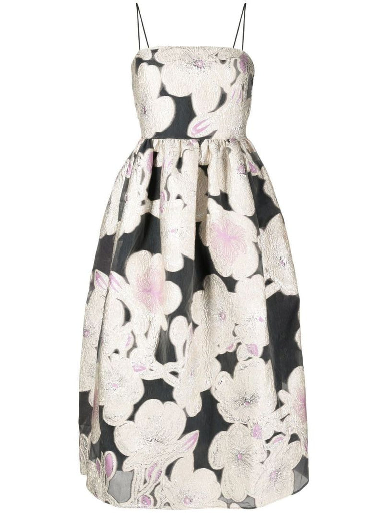 Neutral Anny Floral Jacquard Midi Dress