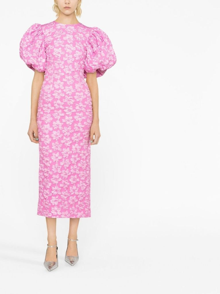 Pink Floral Jacquard Midi Dress