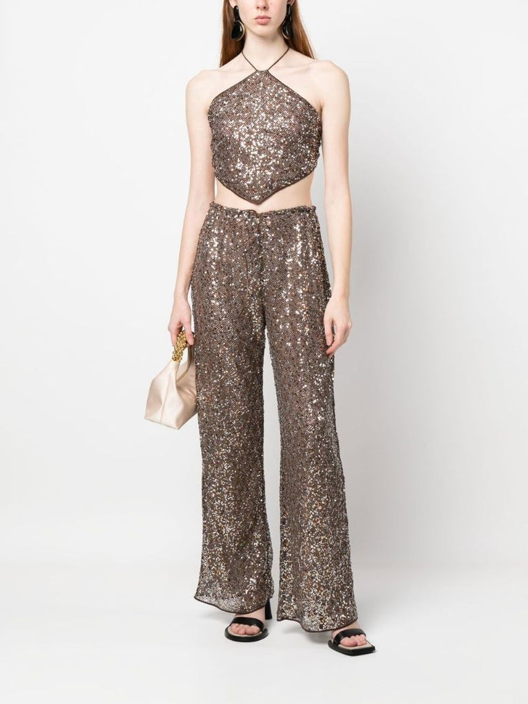Brown Sequin Flared Trousers