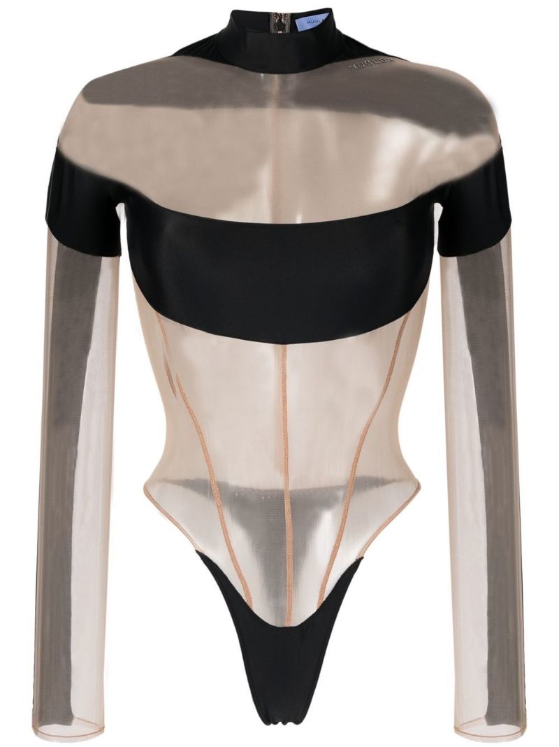 Black Panelled Semi-sheer Bodysuit