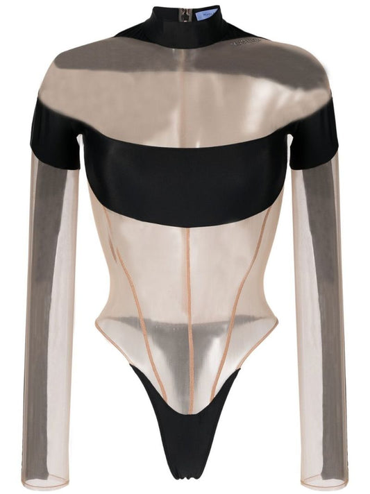 Black Panelled Semi-sheer Bodysuit
