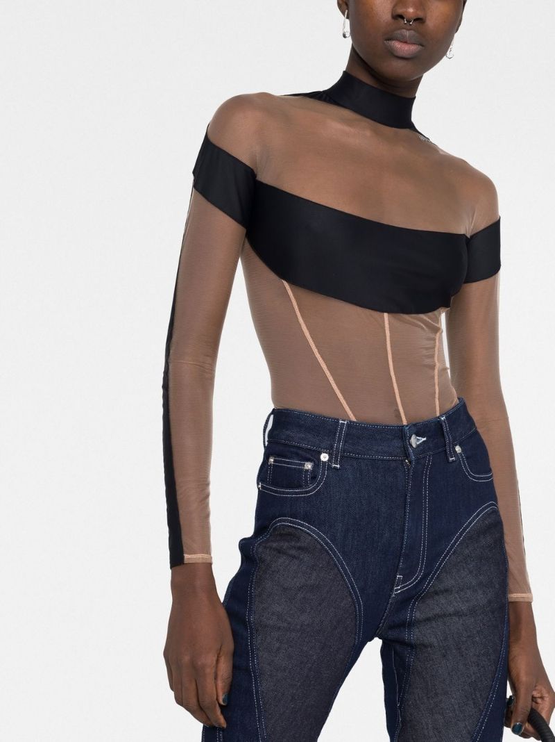 Black Panelled Semi-sheer Bodysuit