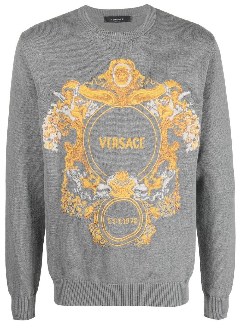 Grey Baroque Intarsia Embroidered Sweater