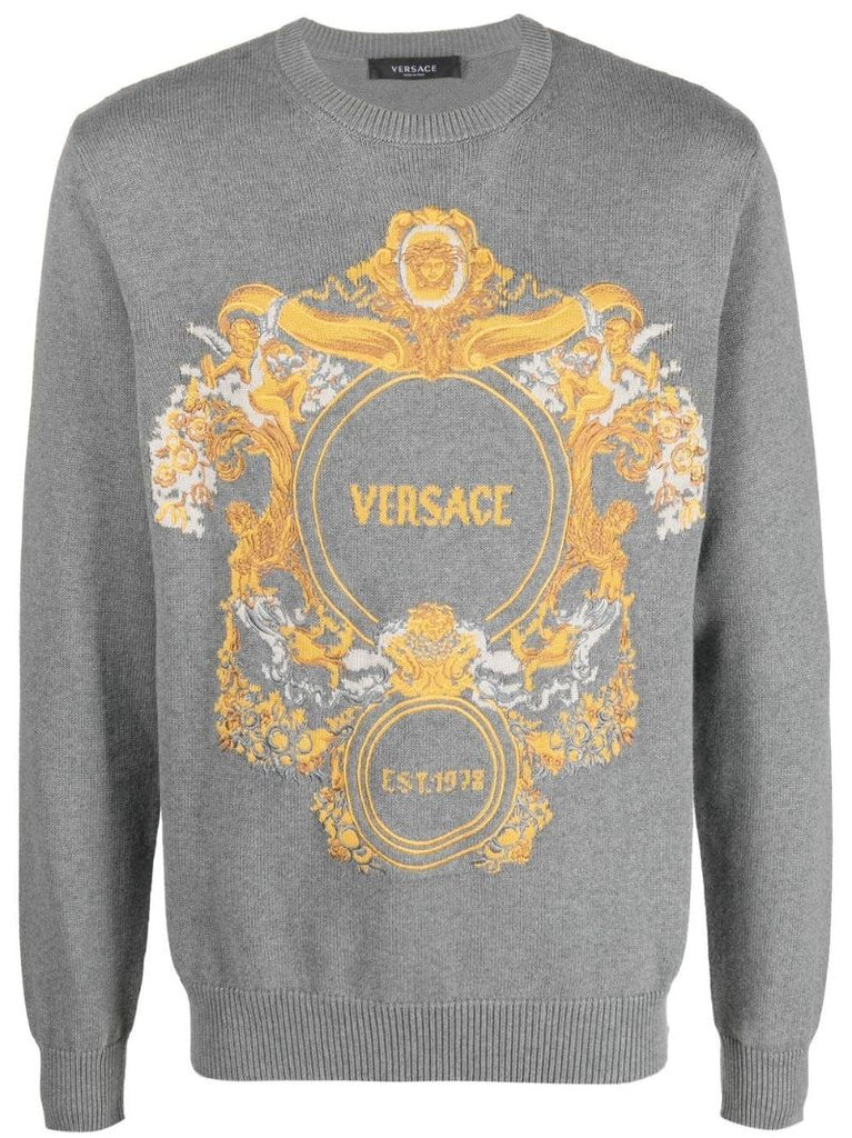 Grey Baroque Intarsia Embroidered Sweater