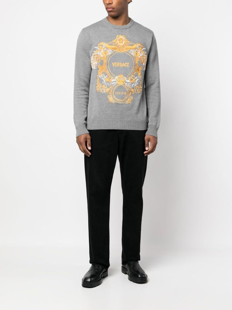 Grey Baroque Intarsia Embroidered Sweater