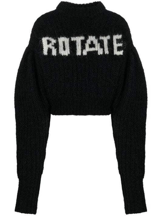 Black Logo-intarsia Puff-sleeve Sweater