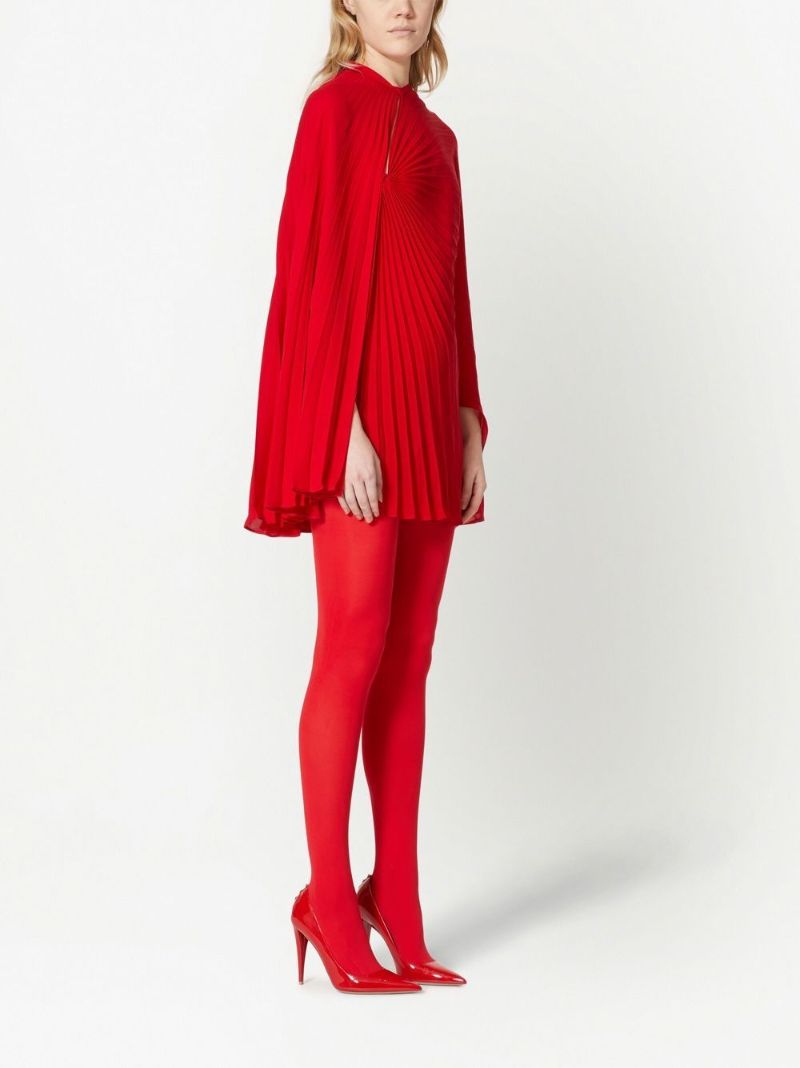 Red Cape Pleated Silk Mini Dress