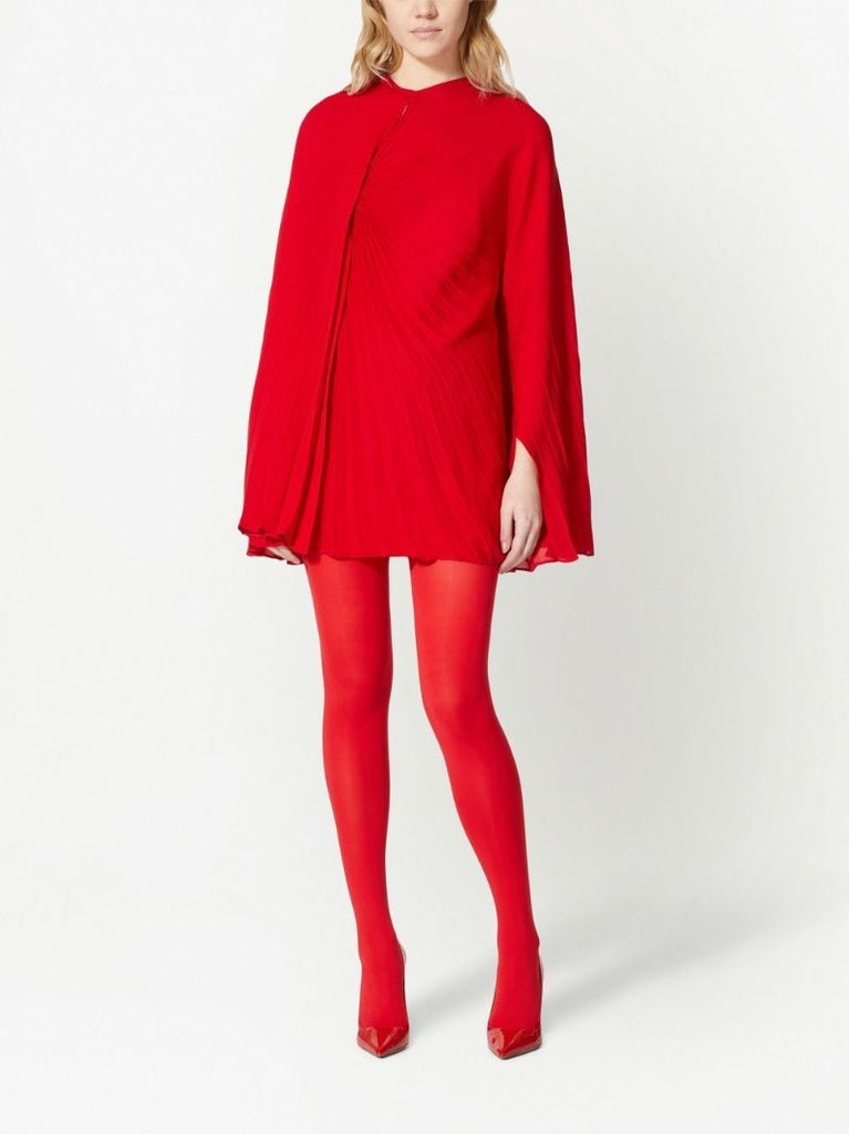 Red Cape Pleated Silk Mini Dress
