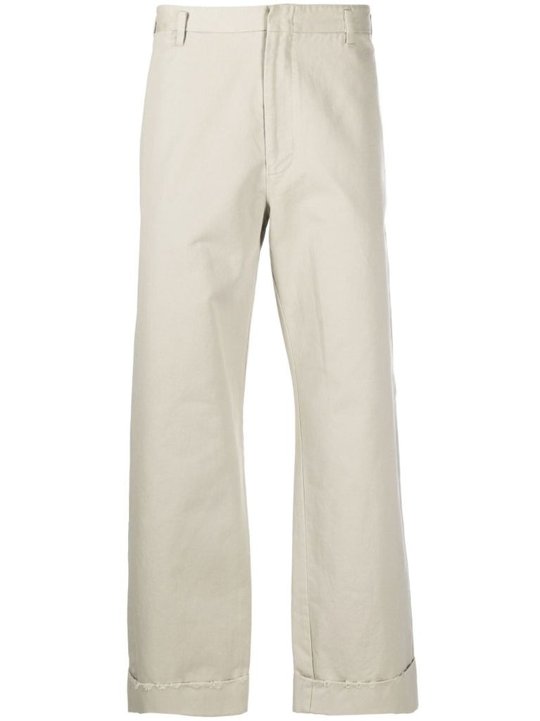 Beige Cotton Straight Trousers