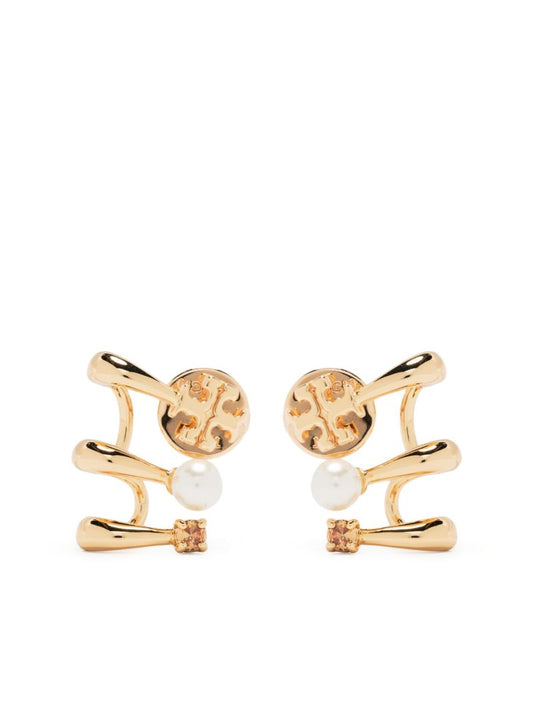 Gold-tone Double T Pearl and Crystal Earrings