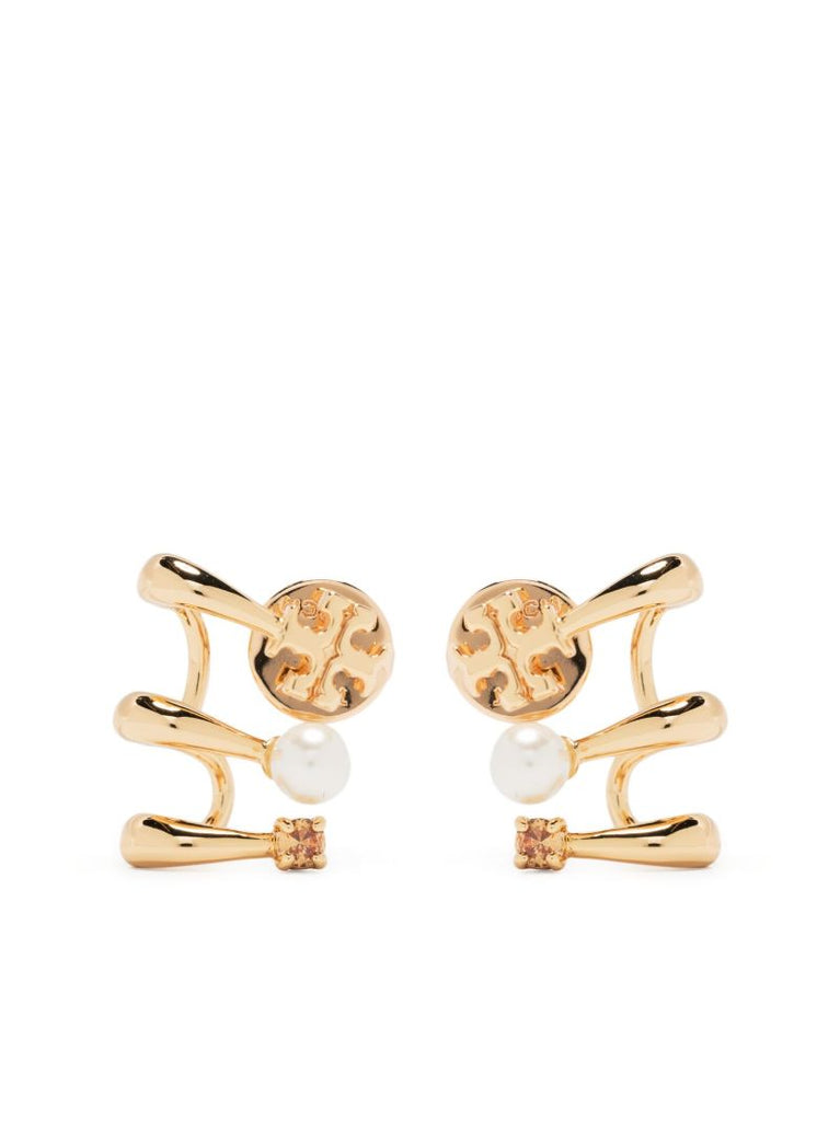 Gold-tone Double T Pearl and Crystal Earrings