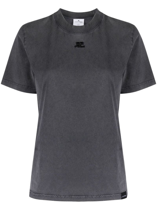 Grey Embroidered Logo Cotton T-shirt