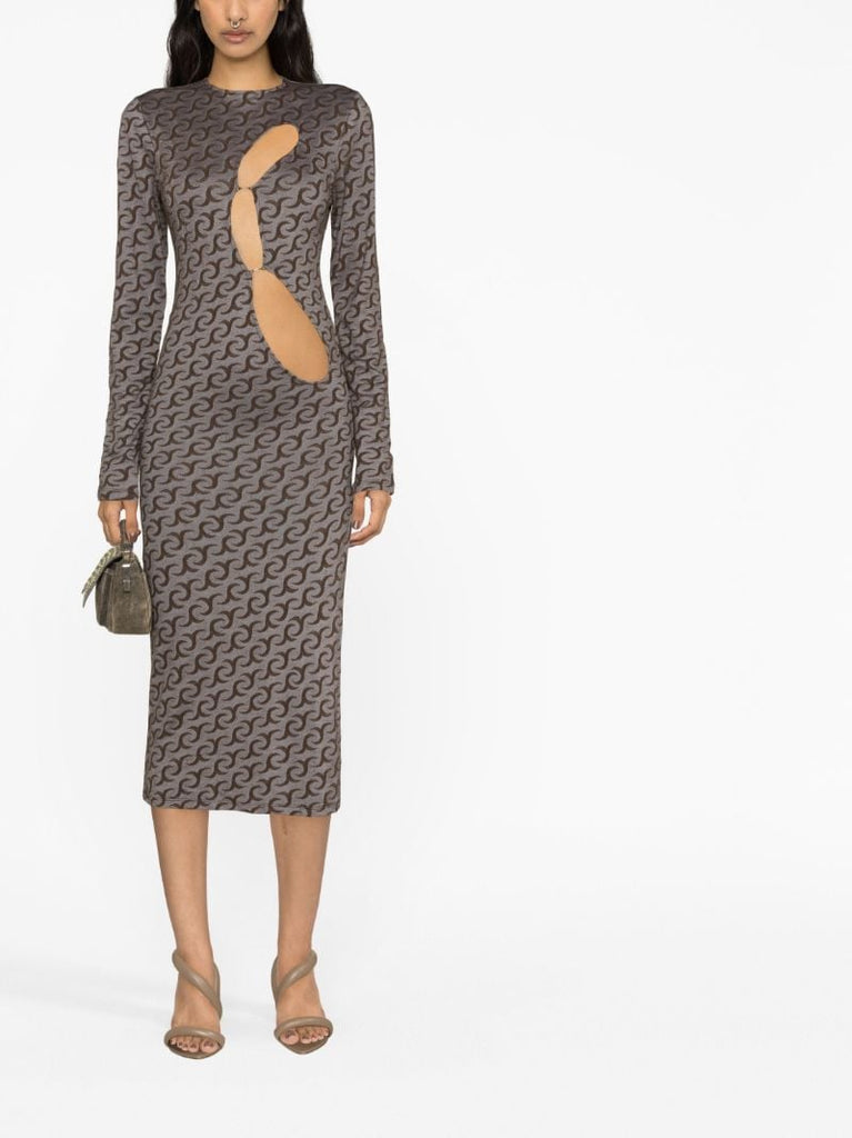Brown Jc Print Cut-out Midi Dress