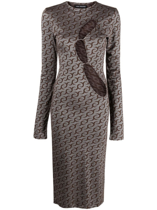Brown Jc Print Cut-out Midi Dress