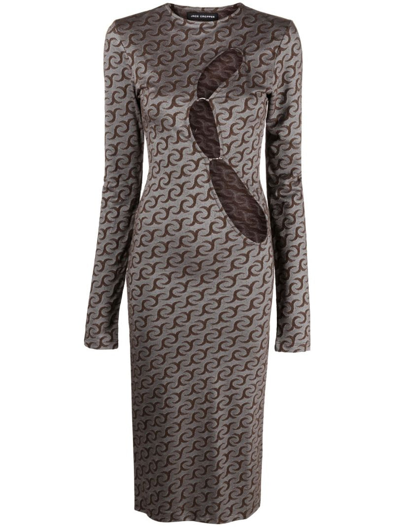 Brown Jc Print Cut-out Midi Dress