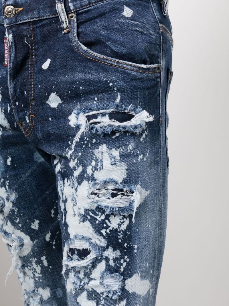 Blue Paint-splatter Distressed Slim-fit Jeans