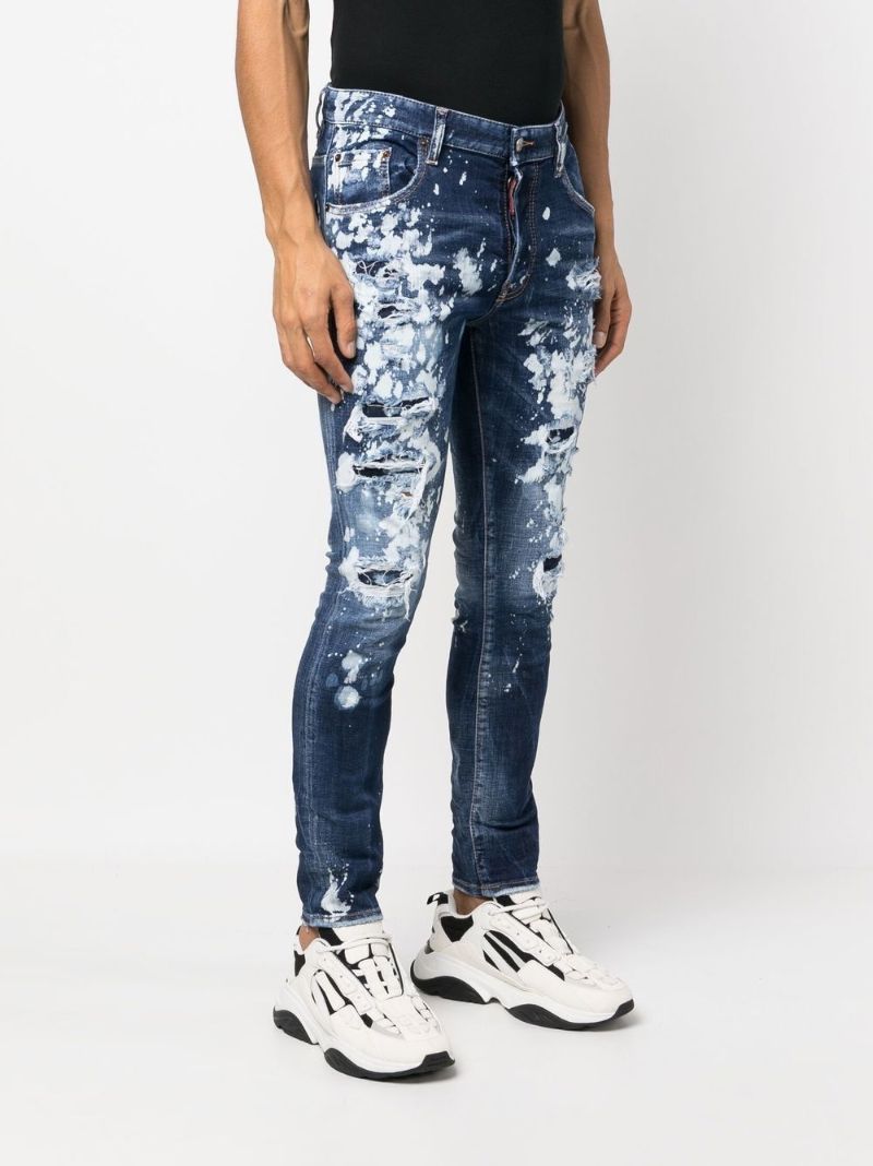 Blue Paint-splatter Distressed Slim-fit Jeans