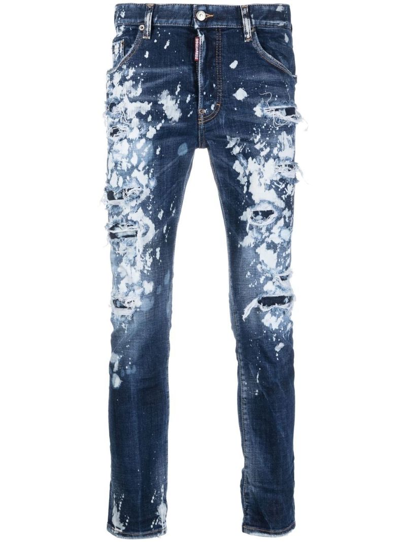 Blue Paint-splatter Distressed Slim-fit Jeans