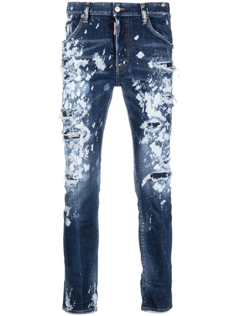 Blue Paint-splatter Distressed Slim-fit Jeans