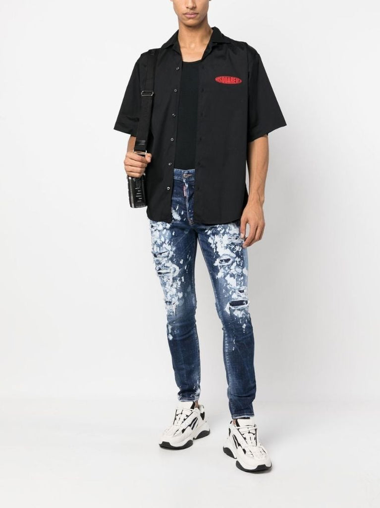 Blue Paint-splatter Distressed Slim-fit Jeans