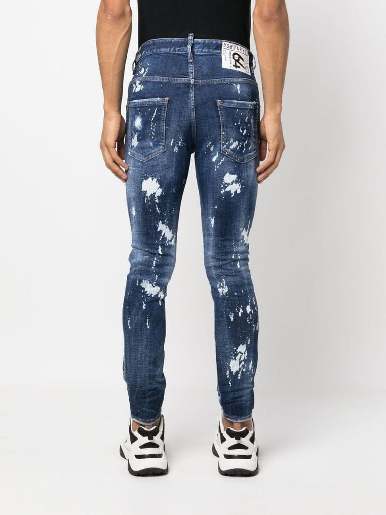 Blue Paint-splatter Distressed Slim-fit Jeans