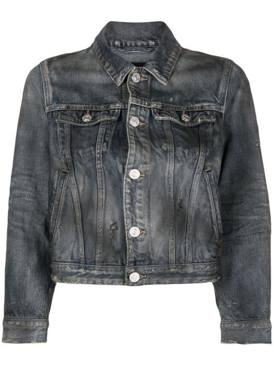 Blue Distressed Cropped Denim Jacket