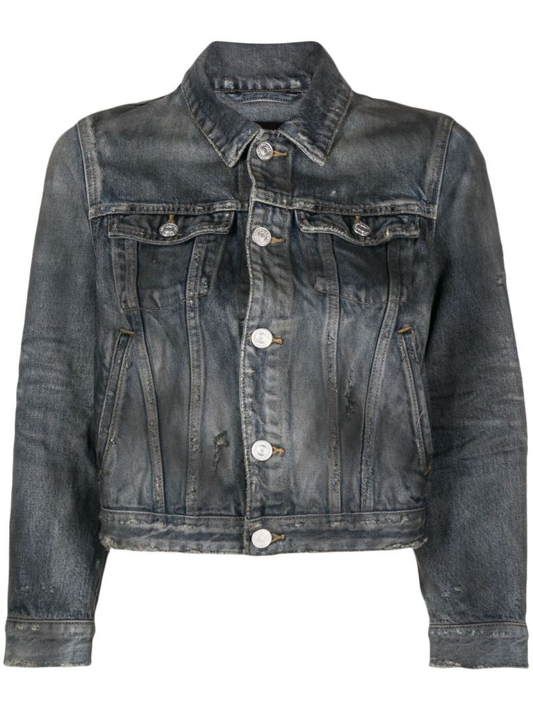 Blue Distressed Cropped Denim Jacket