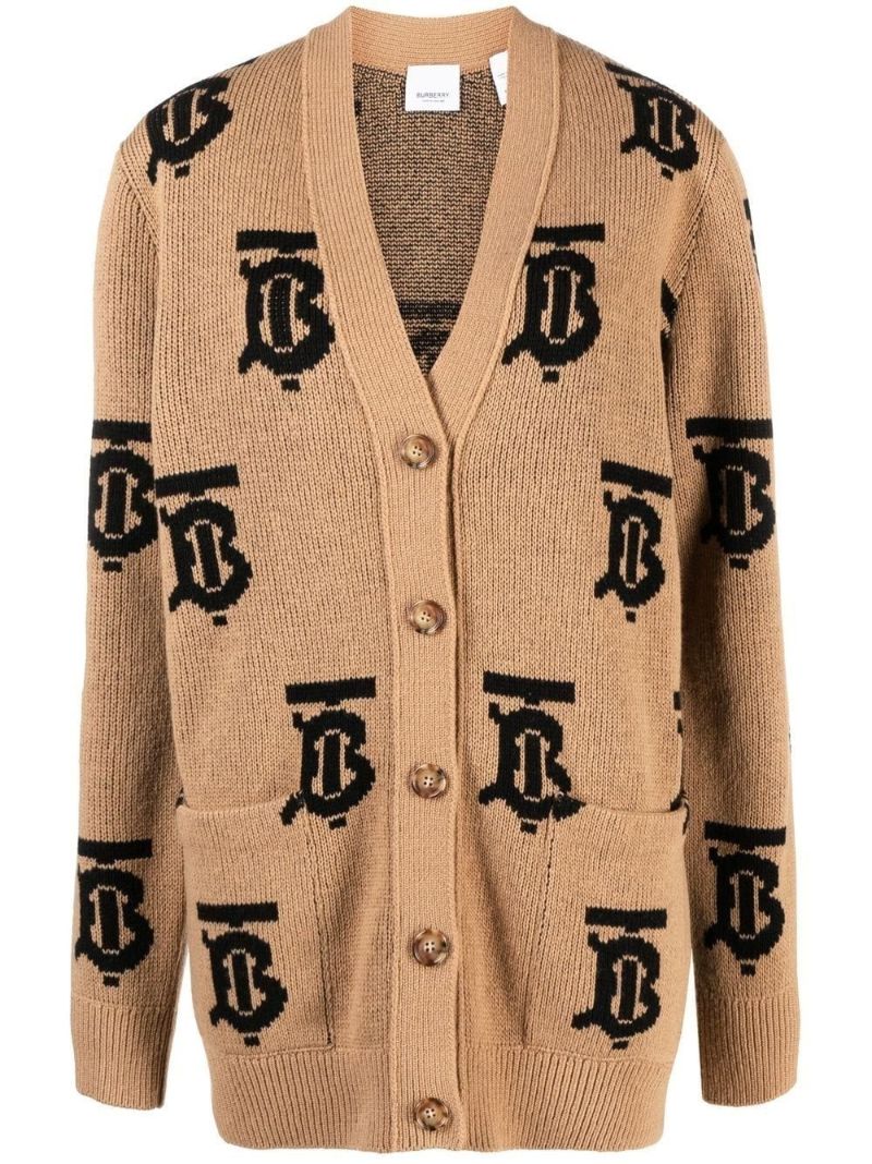 Brown Intarsia Tb Monogram Wool Cardigan