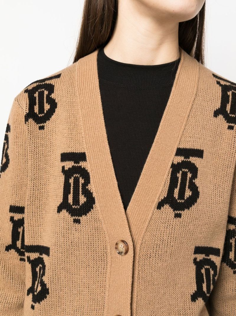 Brown Intarsia Tb Monogram Wool Cardigan