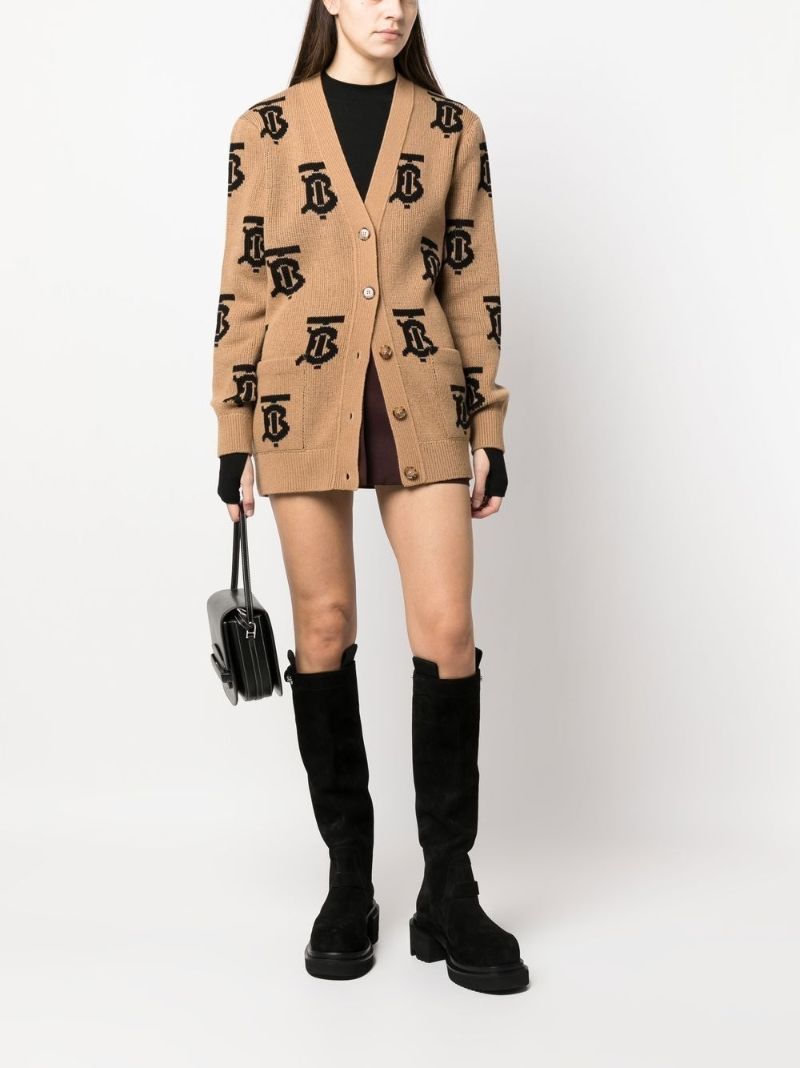 Brown Intarsia Tb Monogram Wool Cardigan