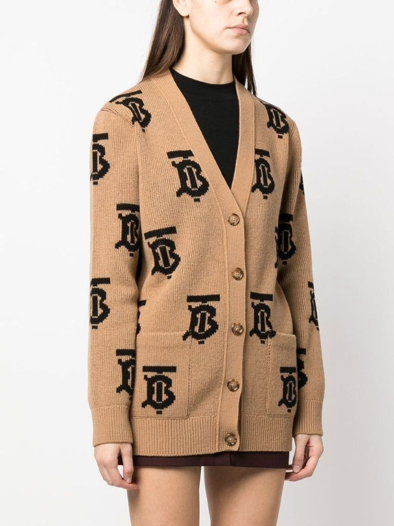 Brown Intarsia Tb Monogram Wool Cardigan