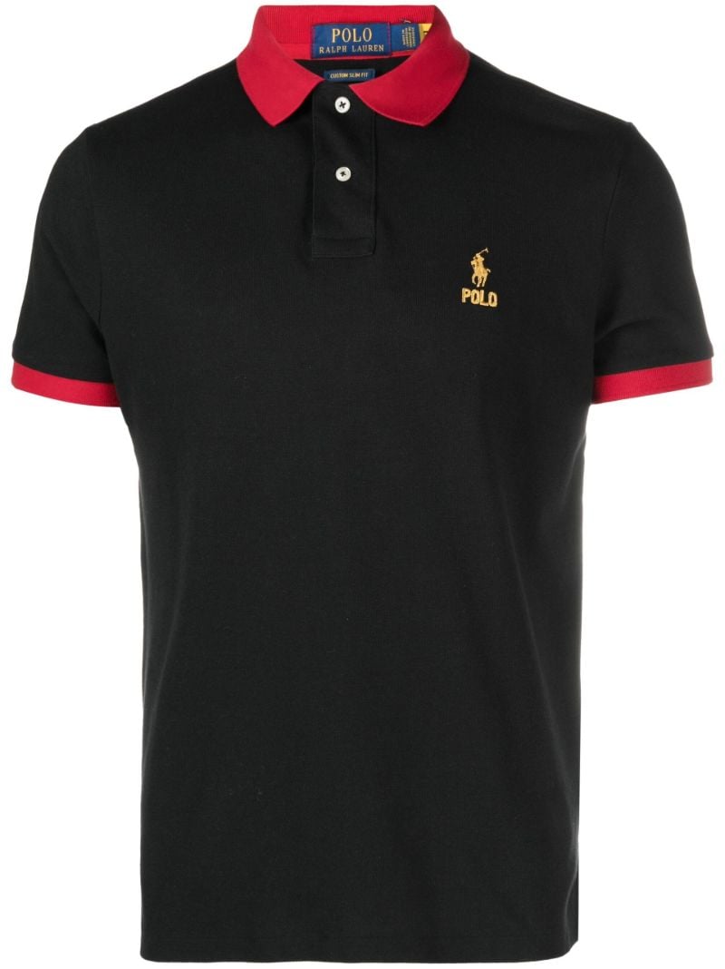 Black Logo Embroidered Cotton Polo Shirt