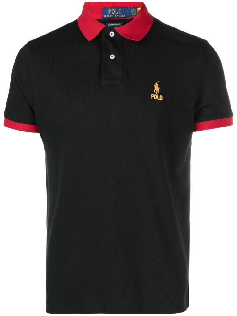 Black Logo Embroidered Cotton Polo Shirt
