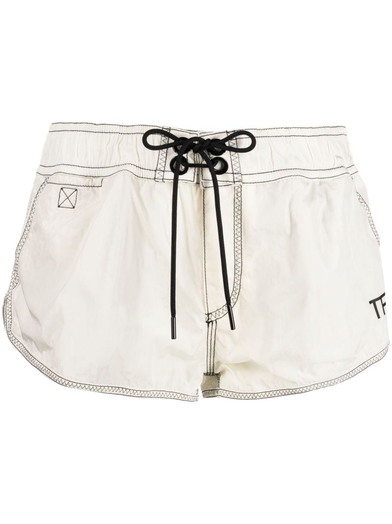 White Logo Print Topstitched Track Shorts