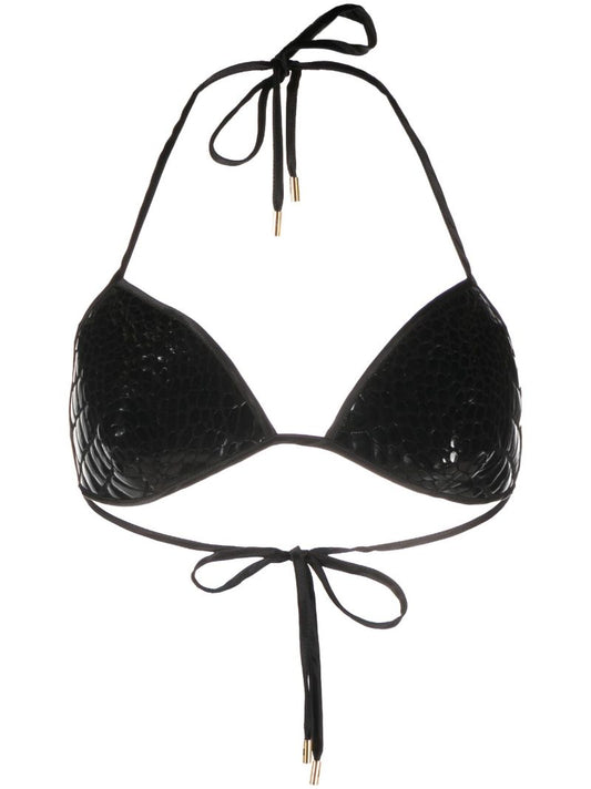 Black Crocodile-effect Leather Bra Top