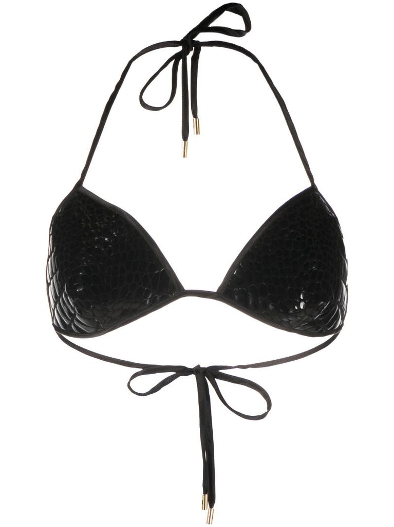 Black Crocodile-effect Leather Bra Top