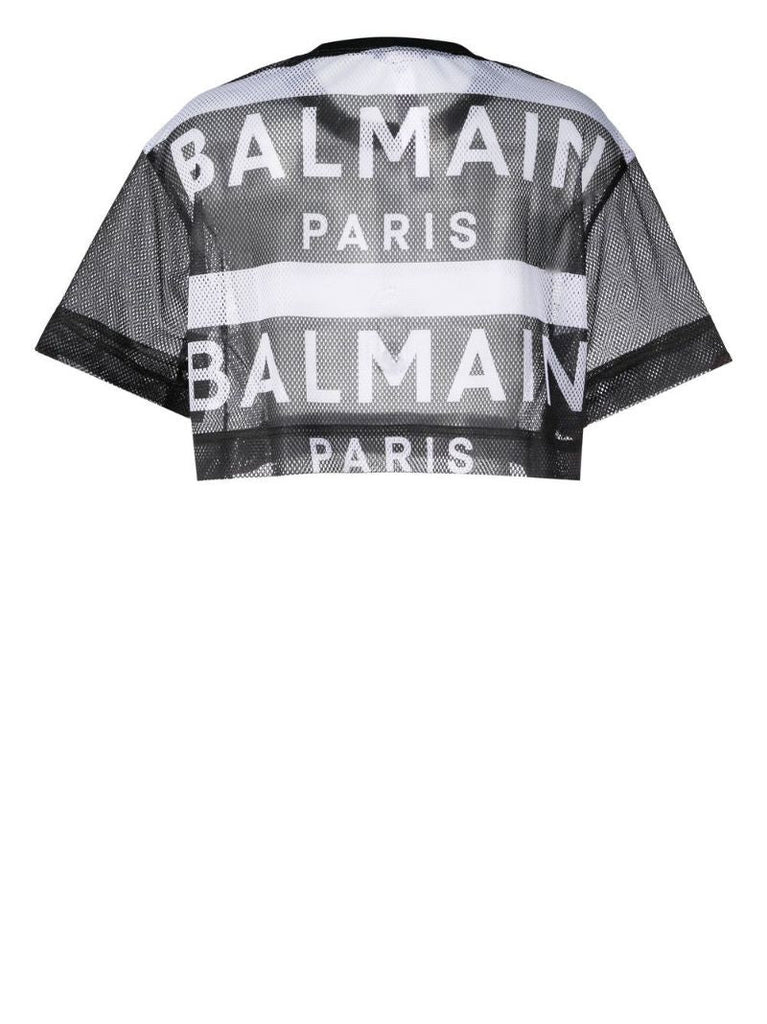 Black Logo Print Mesh Crop Top