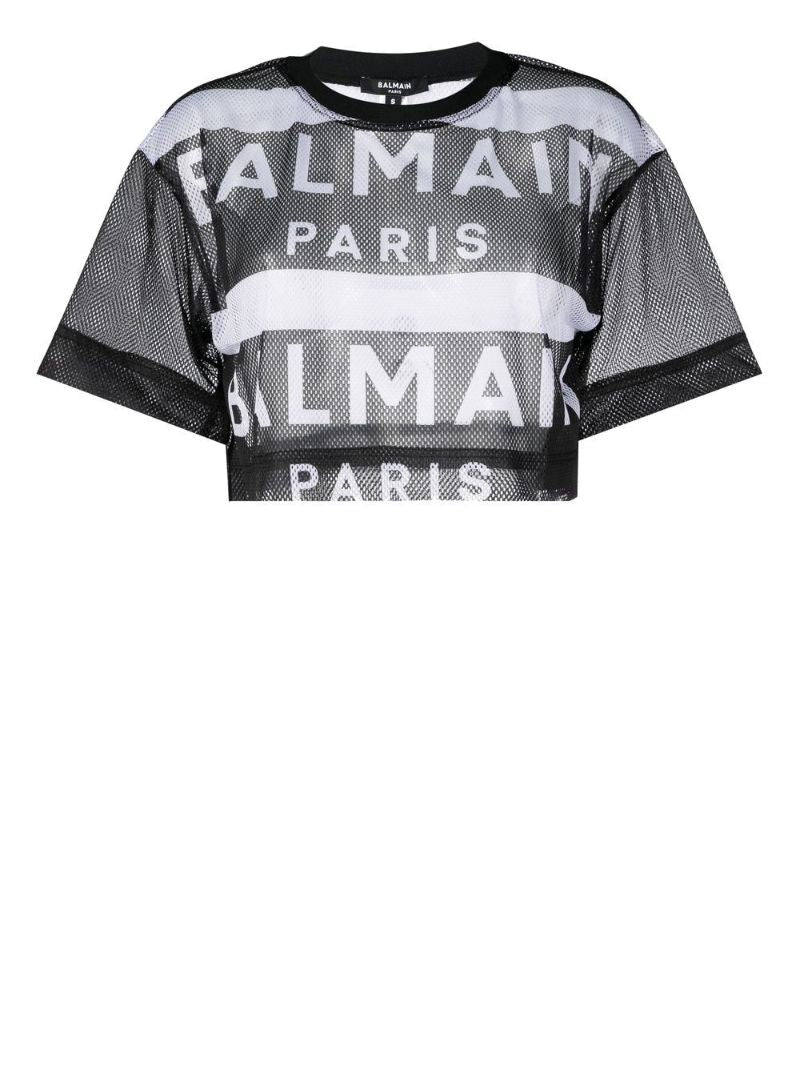 Black Logo Print Mesh Crop Top