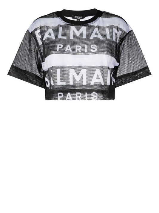 Black Logo Print Mesh Crop Top