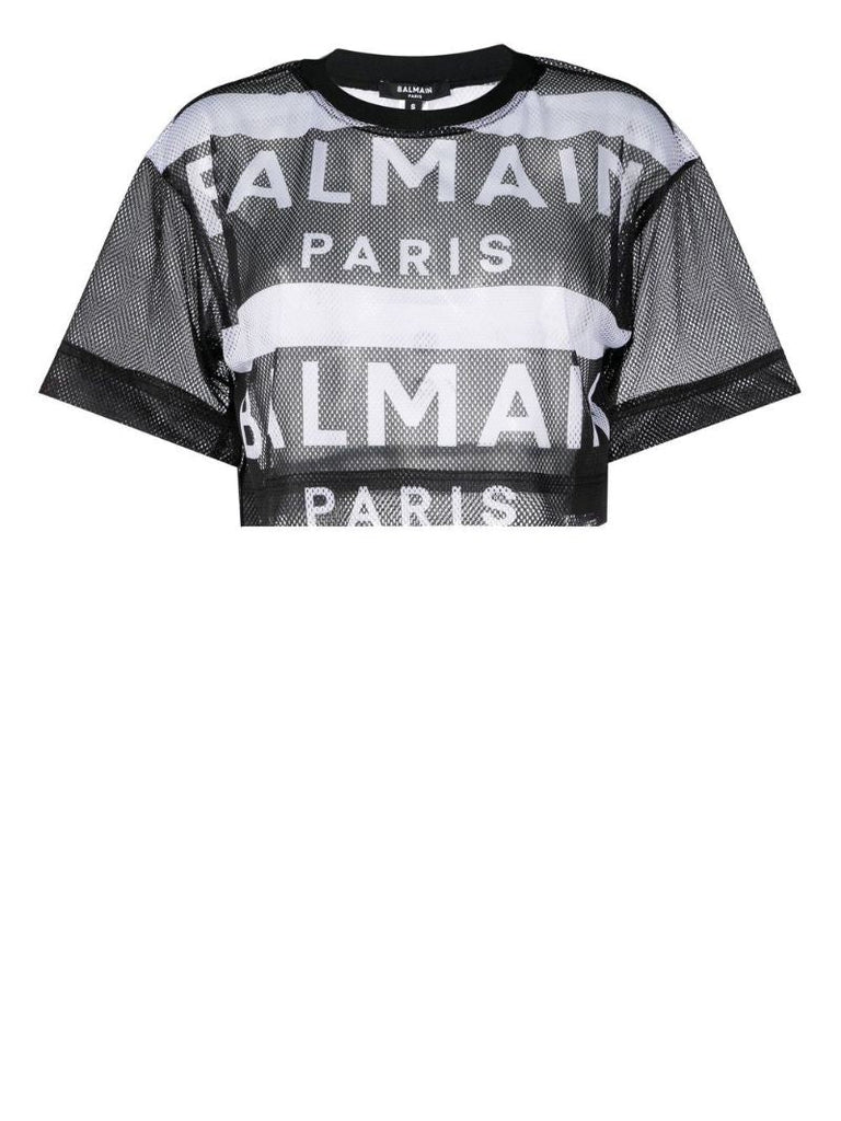 Black Logo Print Mesh Crop Top