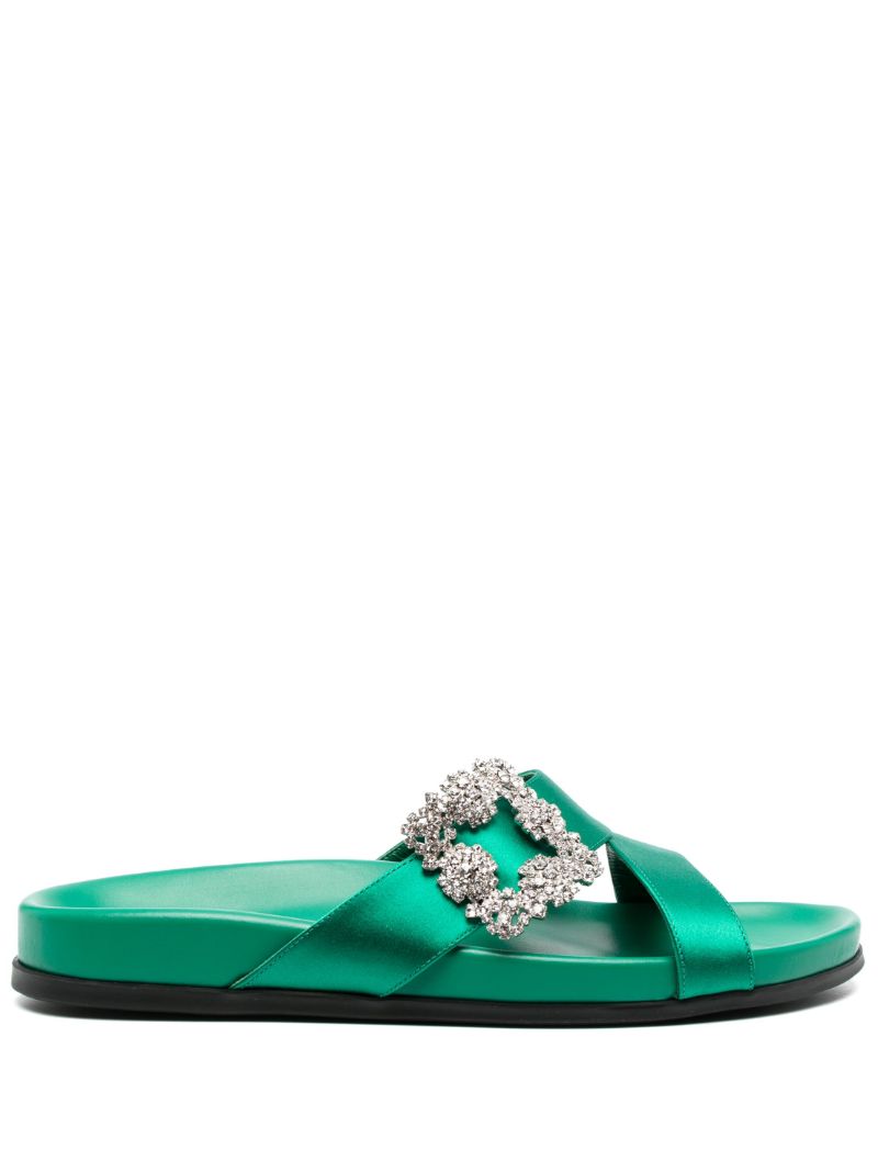 Green Chilanghi Crystal Buckle Satin Sandals