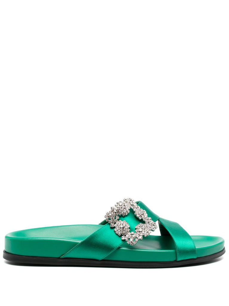 Green Chilanghi Crystal Buckle Satin Sandals