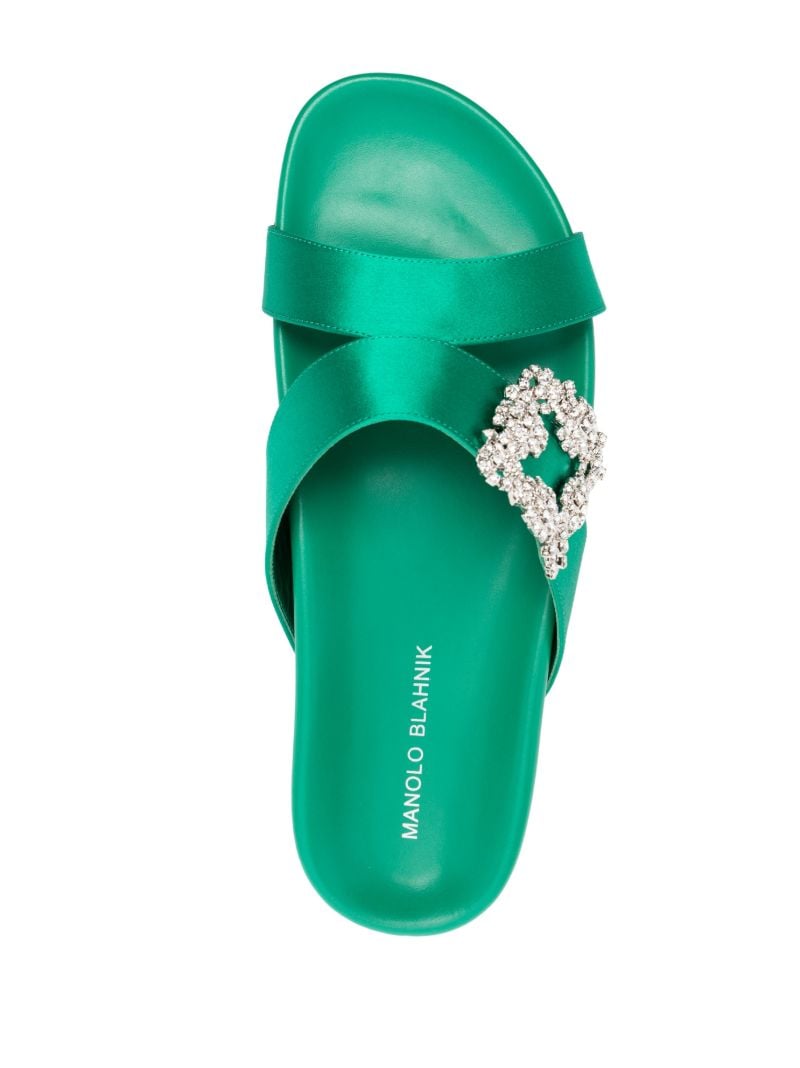 Green Chilanghi Crystal Buckle Satin Sandals