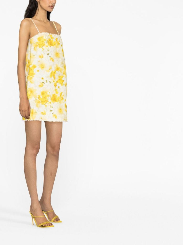 Yellow Floral Print Linen Mini Dress