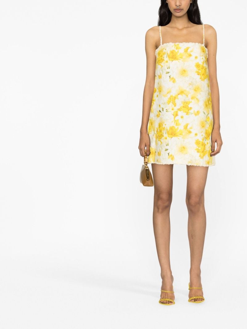 Yellow Floral Print Linen Mini Dress