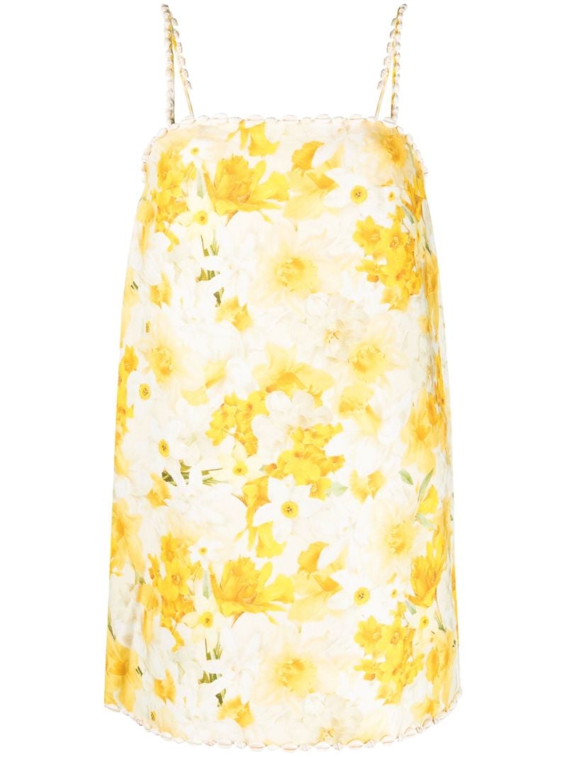 Yellow Floral Print Linen Mini Dress