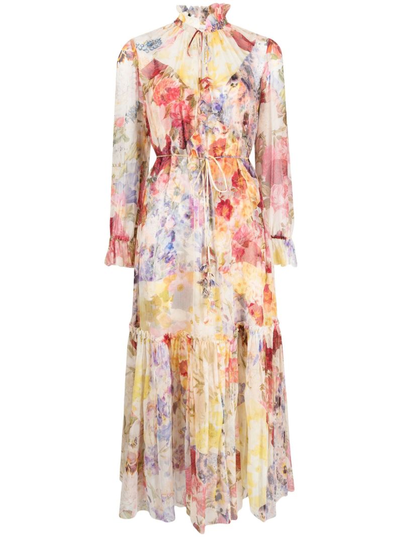 Neutral Wonderland Floral Print Silk Midi Dress