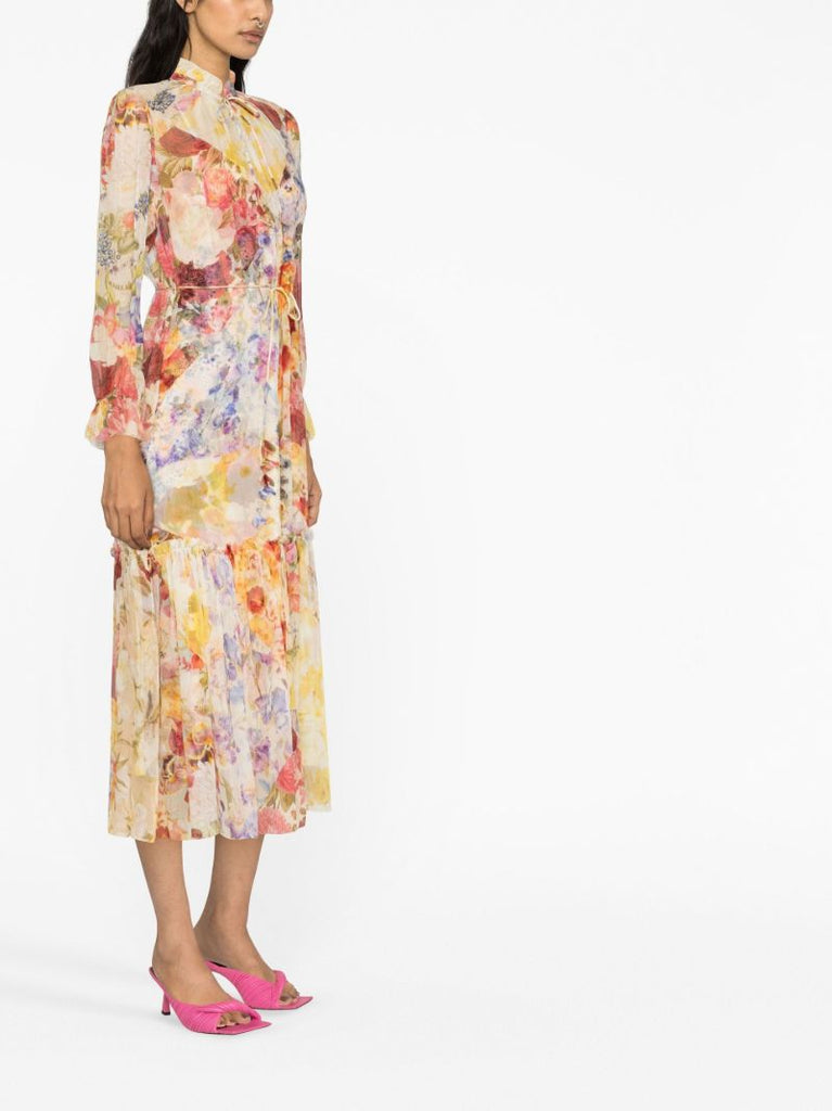 Neutral Wonderland Floral Print Silk Midi Dress