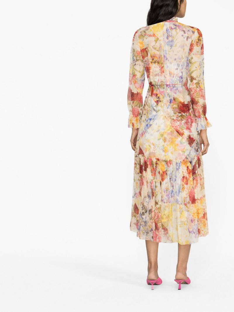 Neutral Wonderland Floral Print Silk Midi Dress