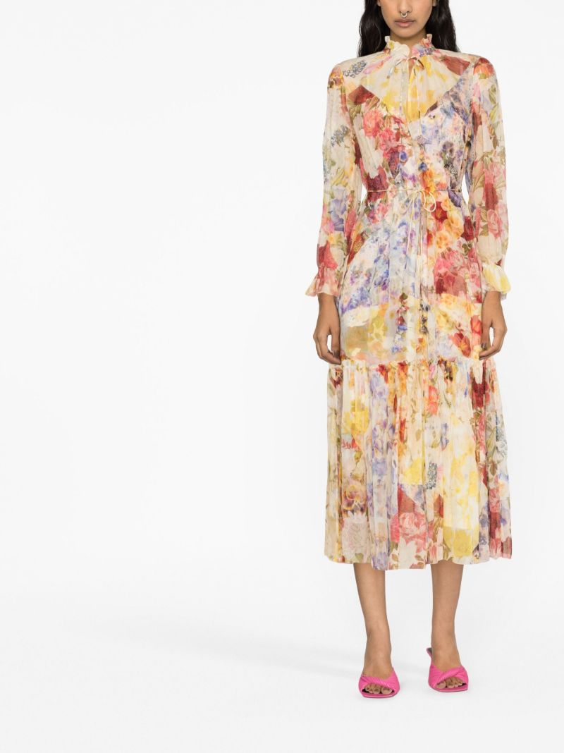 Neutral Wonderland Floral Print Silk Midi Dress